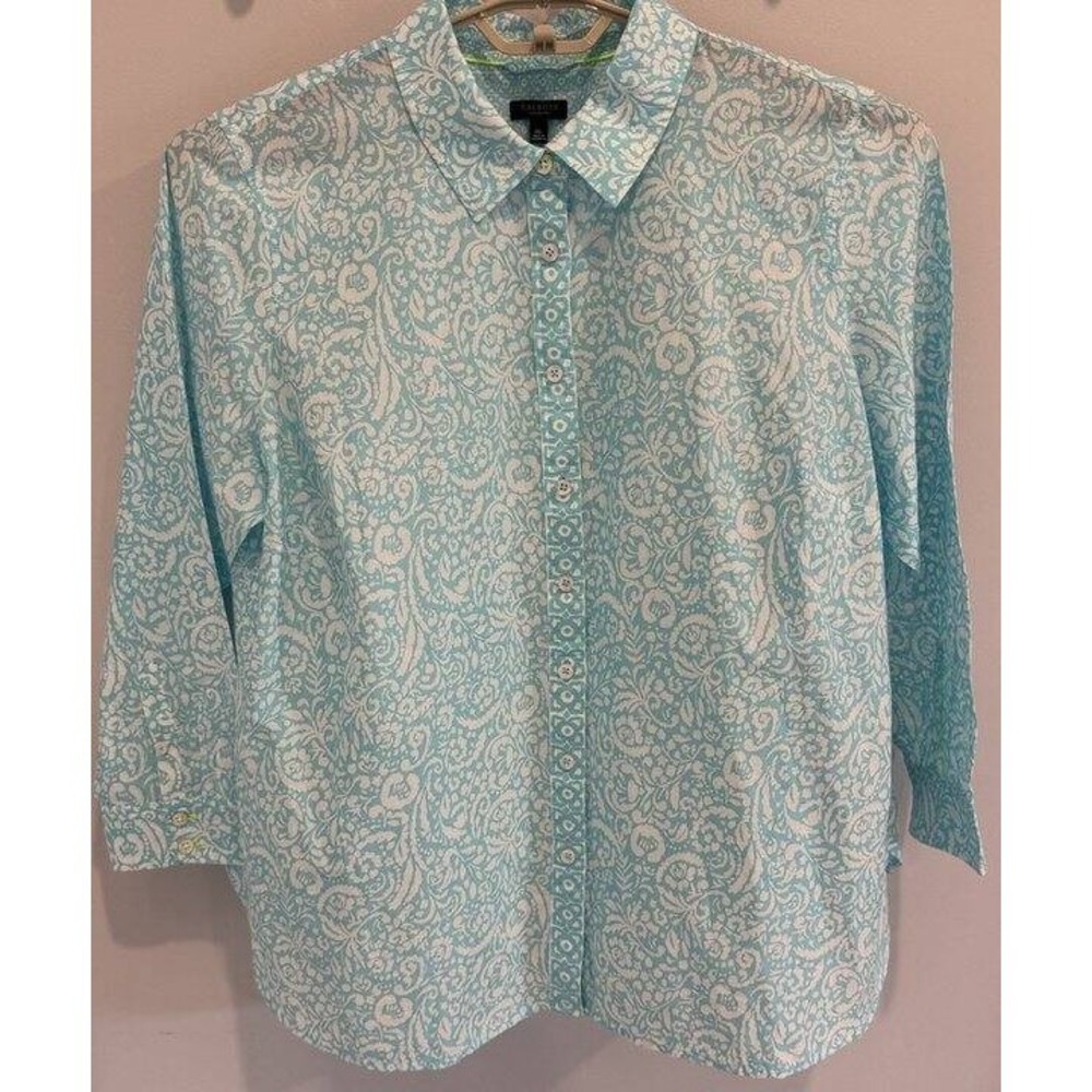 Talbots‎ Summer Lightweight Long Sleeve Button Front Shirt 2Xp Aqua White Print